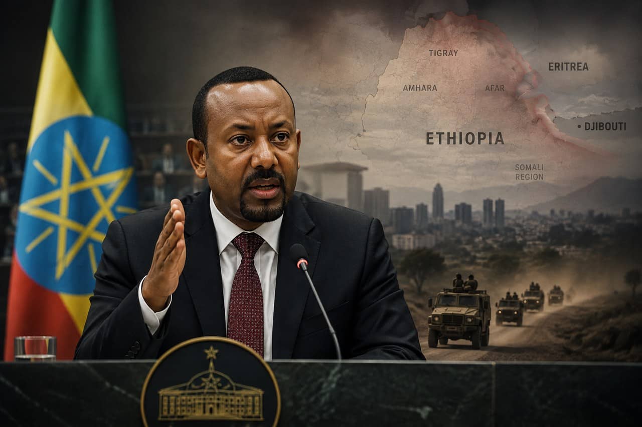 ቀዳማይ ሚኒስተር ኢትዮጵያ ኣብይ ኣሕመድ ኣብ መድረኽ እናተዛረበ፡ ብድሕሪኡ ካርታ ኢትዮጵያ፡ ኤርትራን ትግራይን ከምኡውን ወተሃደራዊ ኮንቮይ ይረአ
