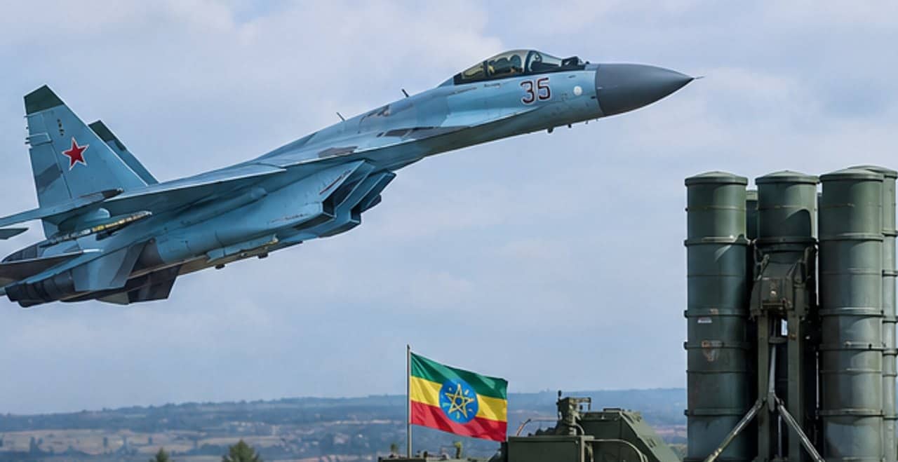 ኣብ ልዕሊ መወንጨፊ ሚሳይል S-400ን ባንዴራ ኢትዮጵያን ዝነፍር ተዋጋኢት ነፋሪት Su-35 ዘርኢ ንድፊ