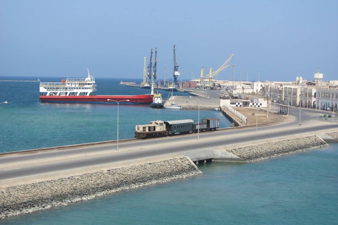 Cargo ship and cranes at the port of Massawa, Eritrea