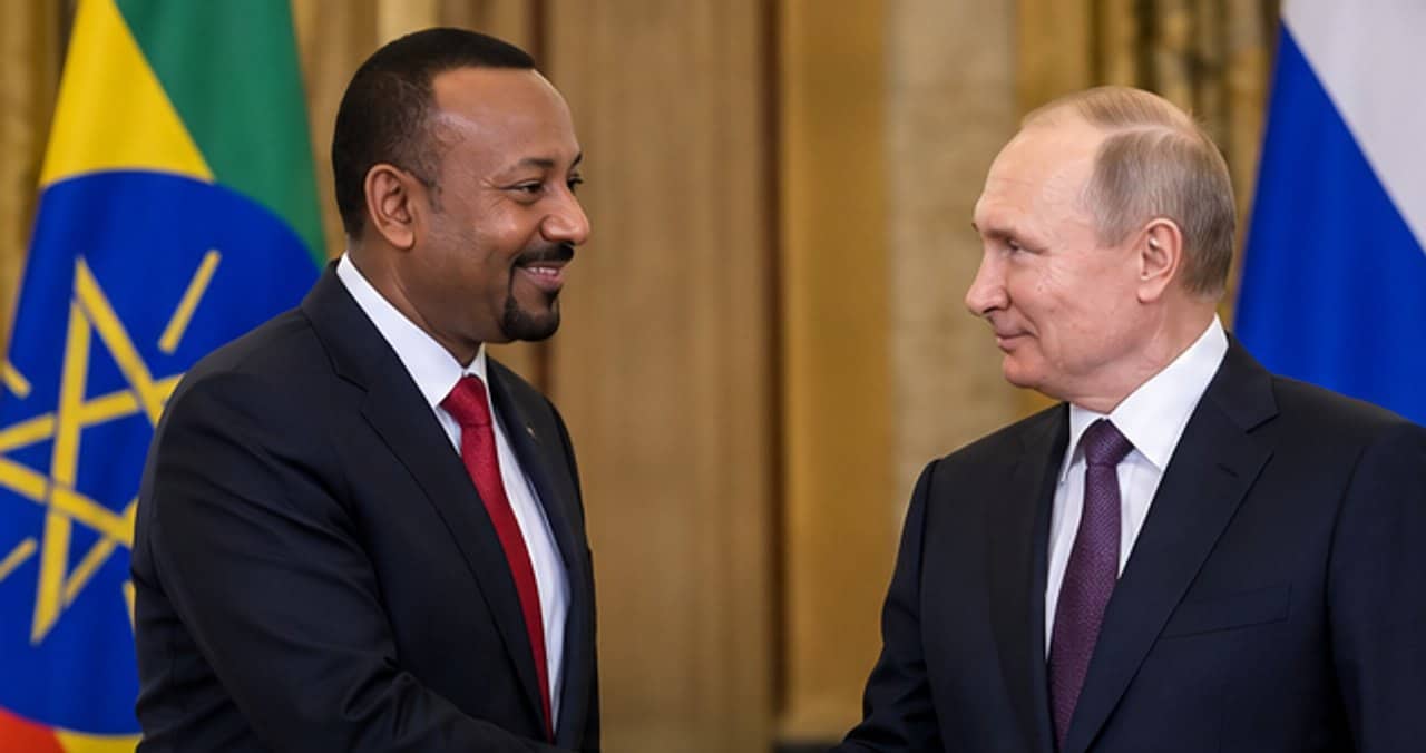 ቀዳማይ ሚኒስተር ኢትዮጵያ ኣብይ ኣሕመድ ምስ ፕረዚደንት ሩስያ ቭላዲሚር ፑቲን ኣብ ቅድሚ ባንዴራታት ኢትዮጵያን ሩስያን ኢድ ክሃሩ ዘርኢ ንድፊ