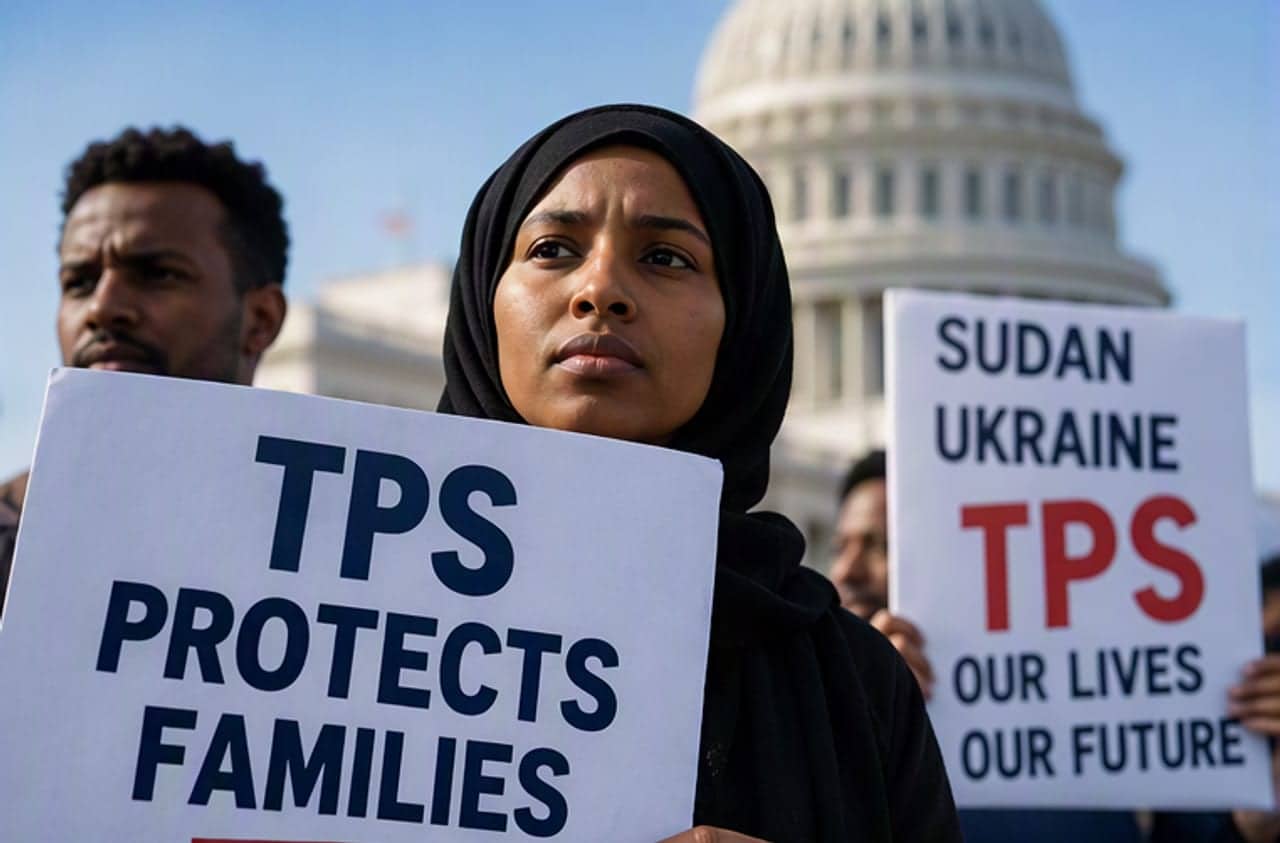 An illustration of a woman in a black headscarf holding a sign reading "TPS protects families" in front of the US Capitol, with another protester holding a "Sudan Ukraine TPS" sign