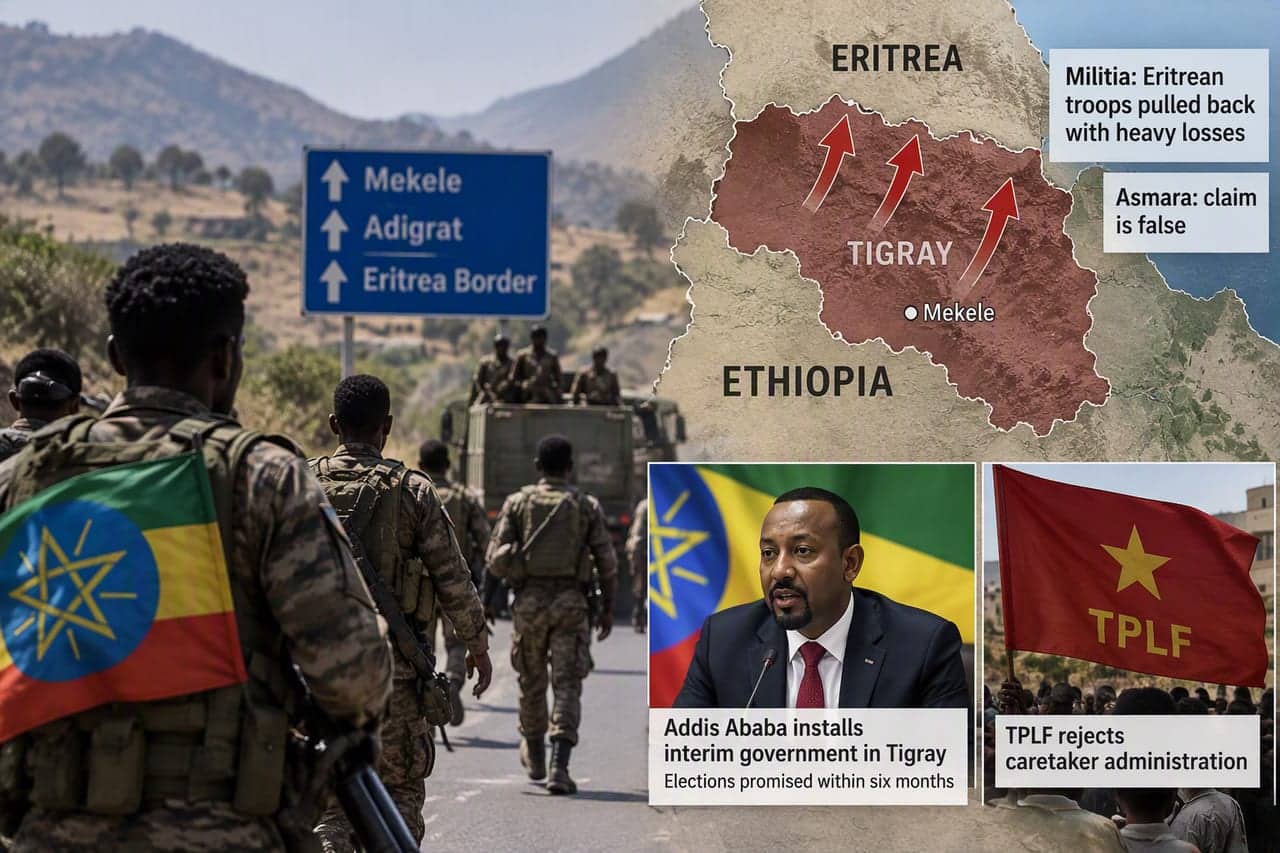 ንድፊ ናይ ወተሃደራት ኢትዮጵያ ናብ መቐለ፡ ዓዲግራትን ዶብ ኤርትራን ዝሕብር ምልክት ብጽርግያ እናተጓዓዙ፡ ኣብ ጎኒ ካርታ ትግራይን ናይ ቀዳማይ ሚኒስተር ኣብይ ኣሕመድን ባንዴራ ህወሓትን ንኣሽቱ ስእልታትን